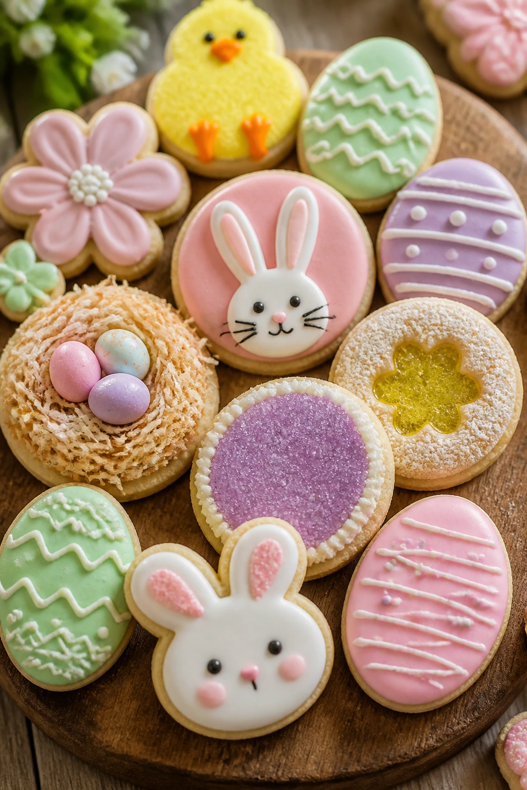 Close-up tray of pastel Easter cookies on a rustic board
