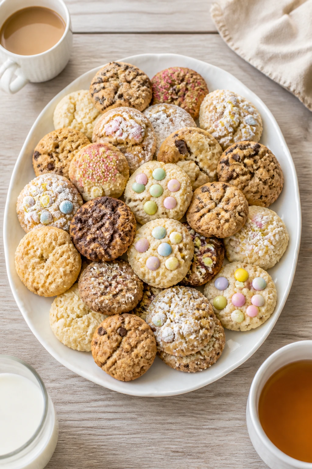 Top-down platter of Easter drop cookies