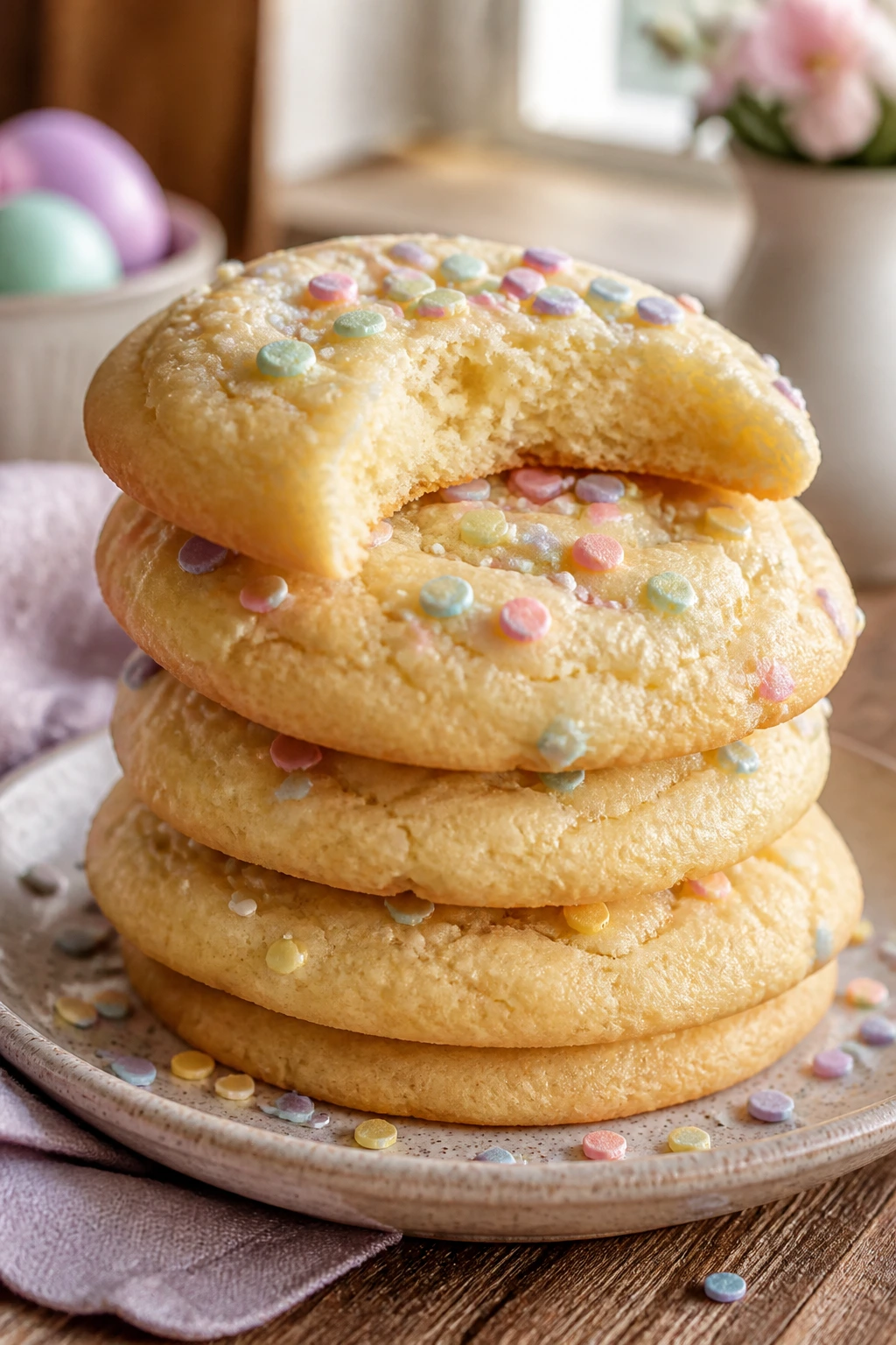 Close-up of soft Easter cookies with moist crumb on rustic plate