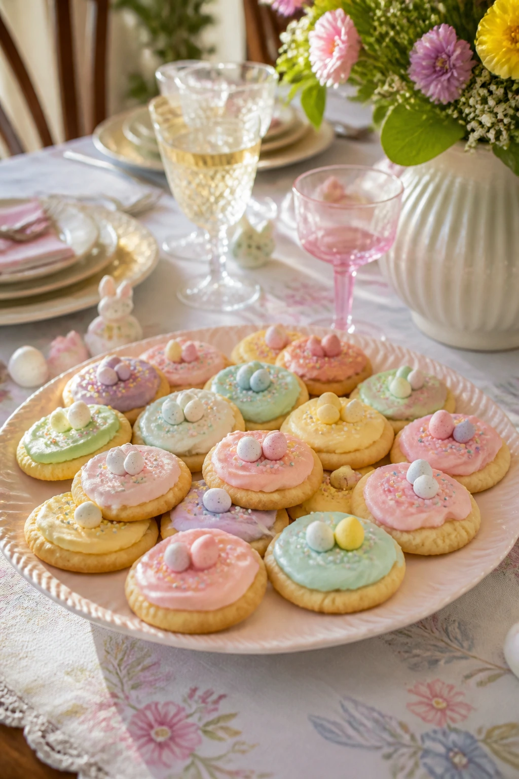 Pastel Easter cake cookies on a decorative plate on a festive table