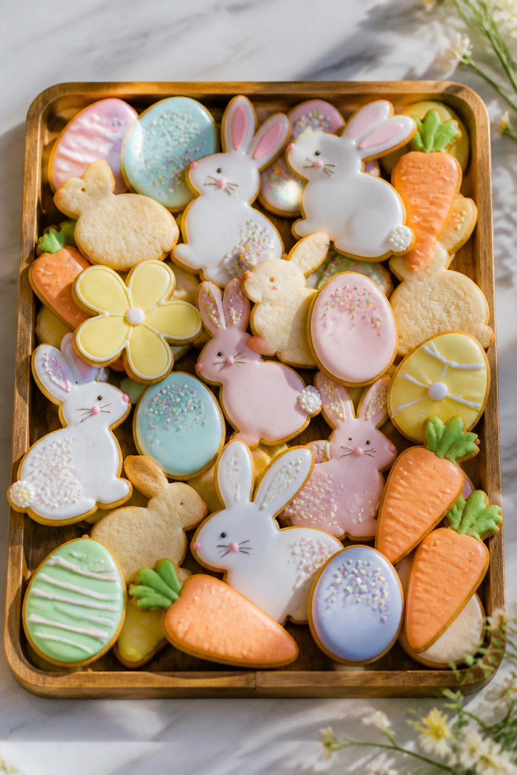 Overhead view of a tray of Easter sugar cookies on a bright kitchen counter
