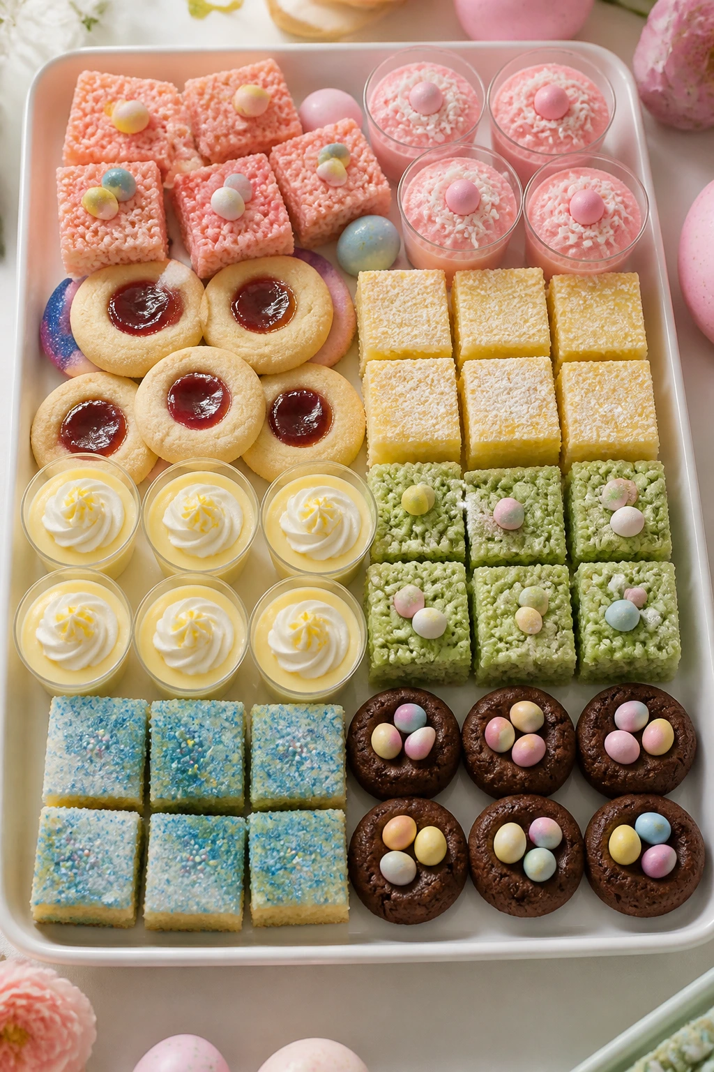 Pastel Easter desserts arranged on a serving tray