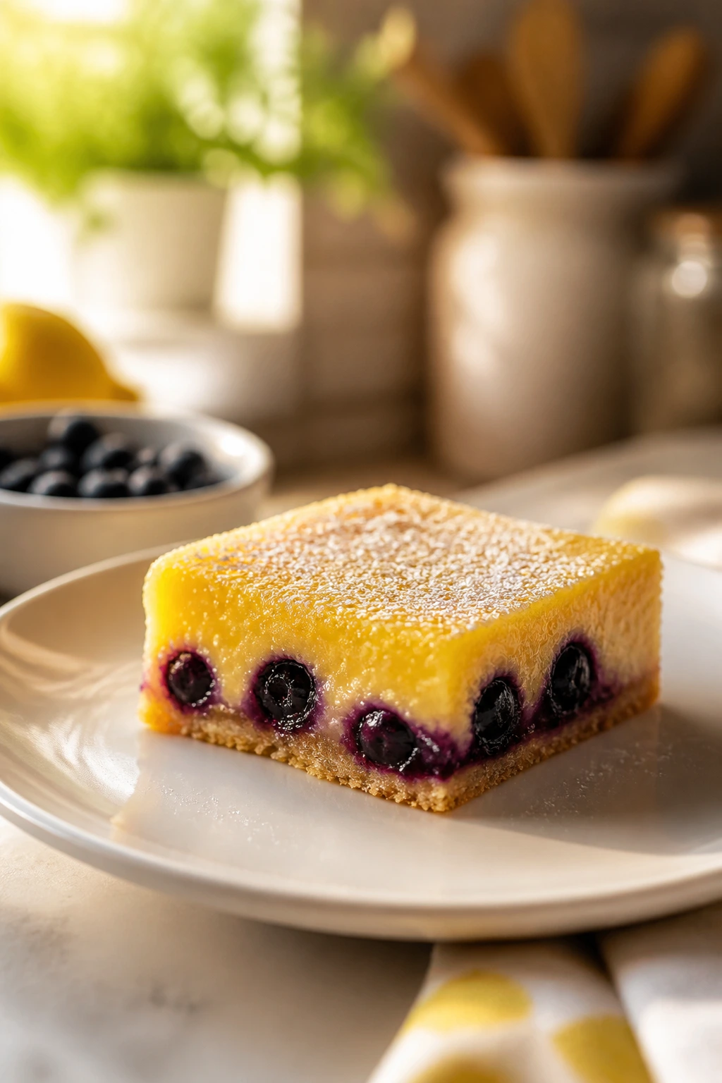Close-up of a lemon-blueberry bar on a plate in a cozy kitchen