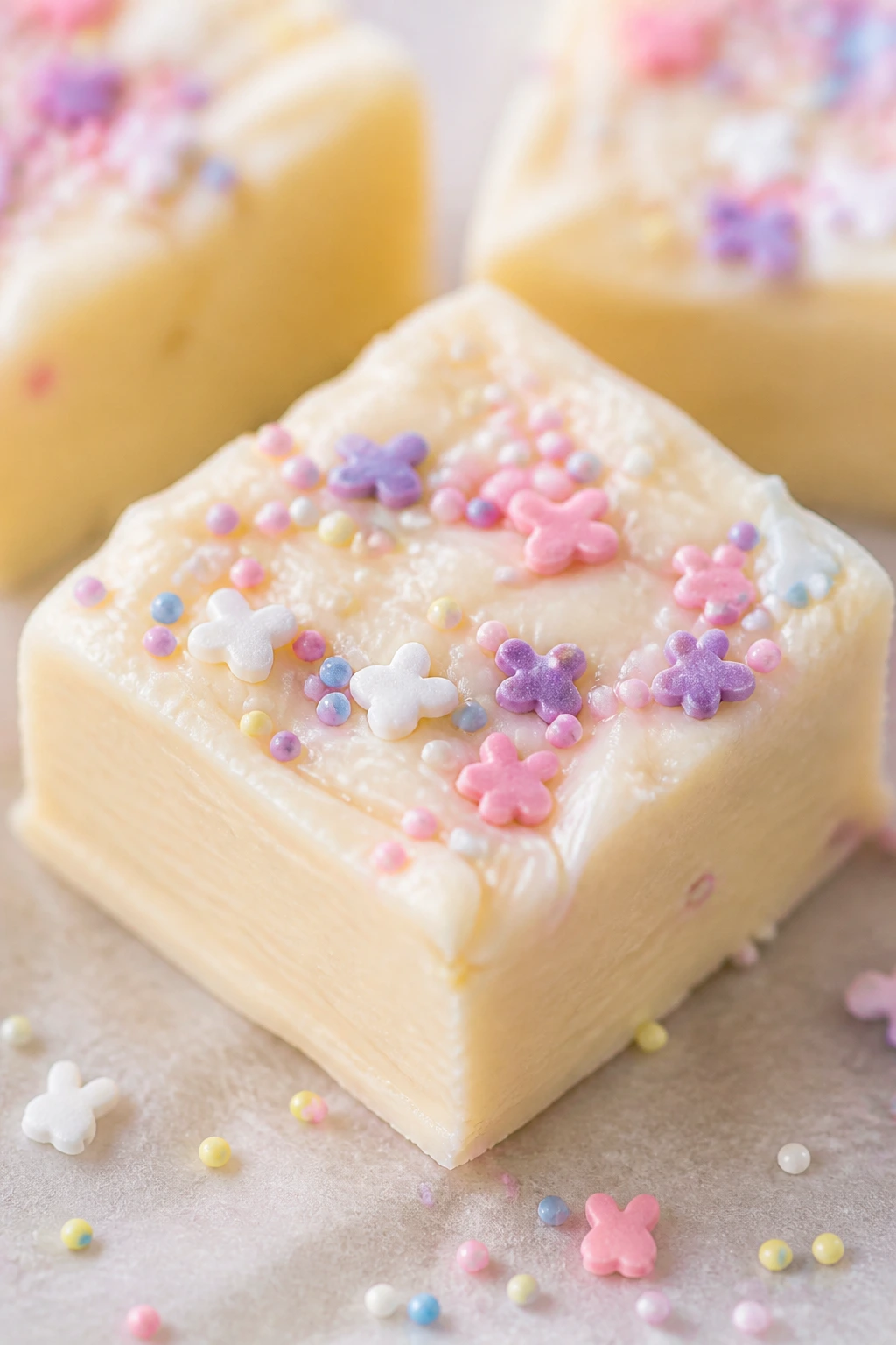 White chocolate fudge square with pastel sprinkles on parchment