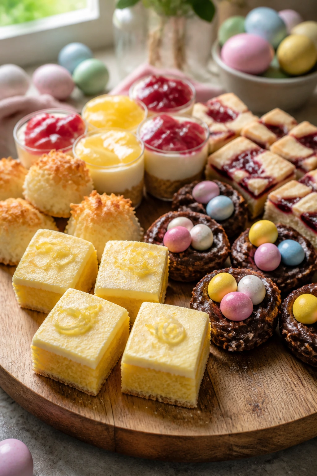 Rustic board with Easter pantry desserts assortment on a wooden surface