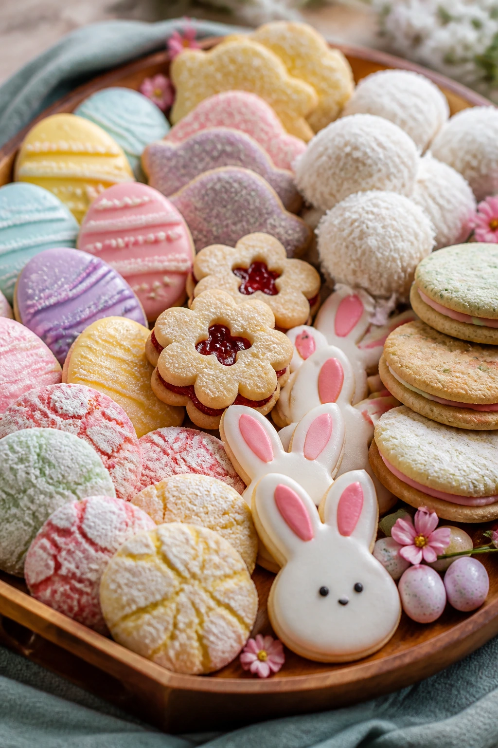 Assorted Easter cookies arranged on a wooden tray