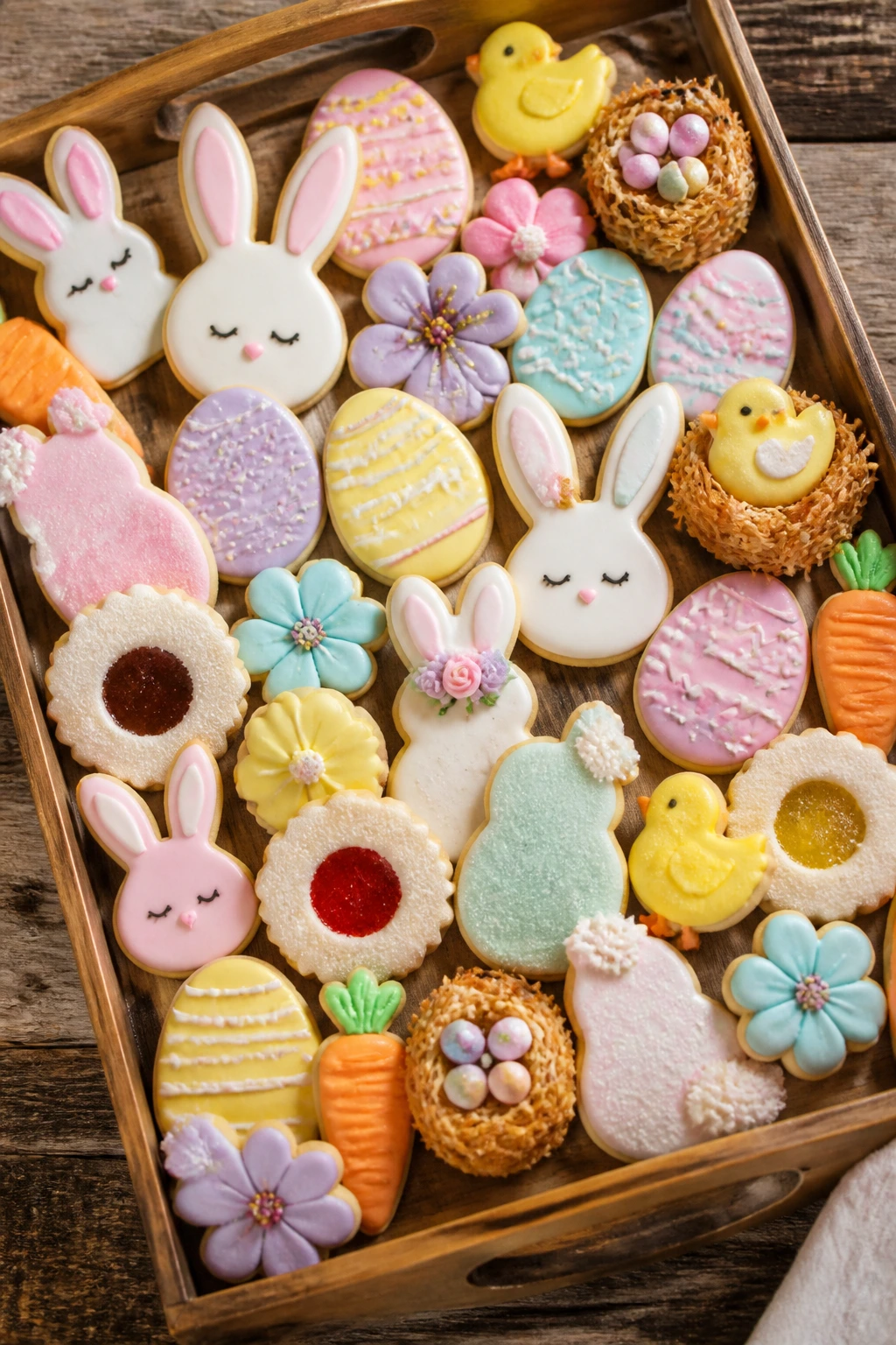 Top-down view of a wooden tray filled with pastel Easter cookies on a rustic table