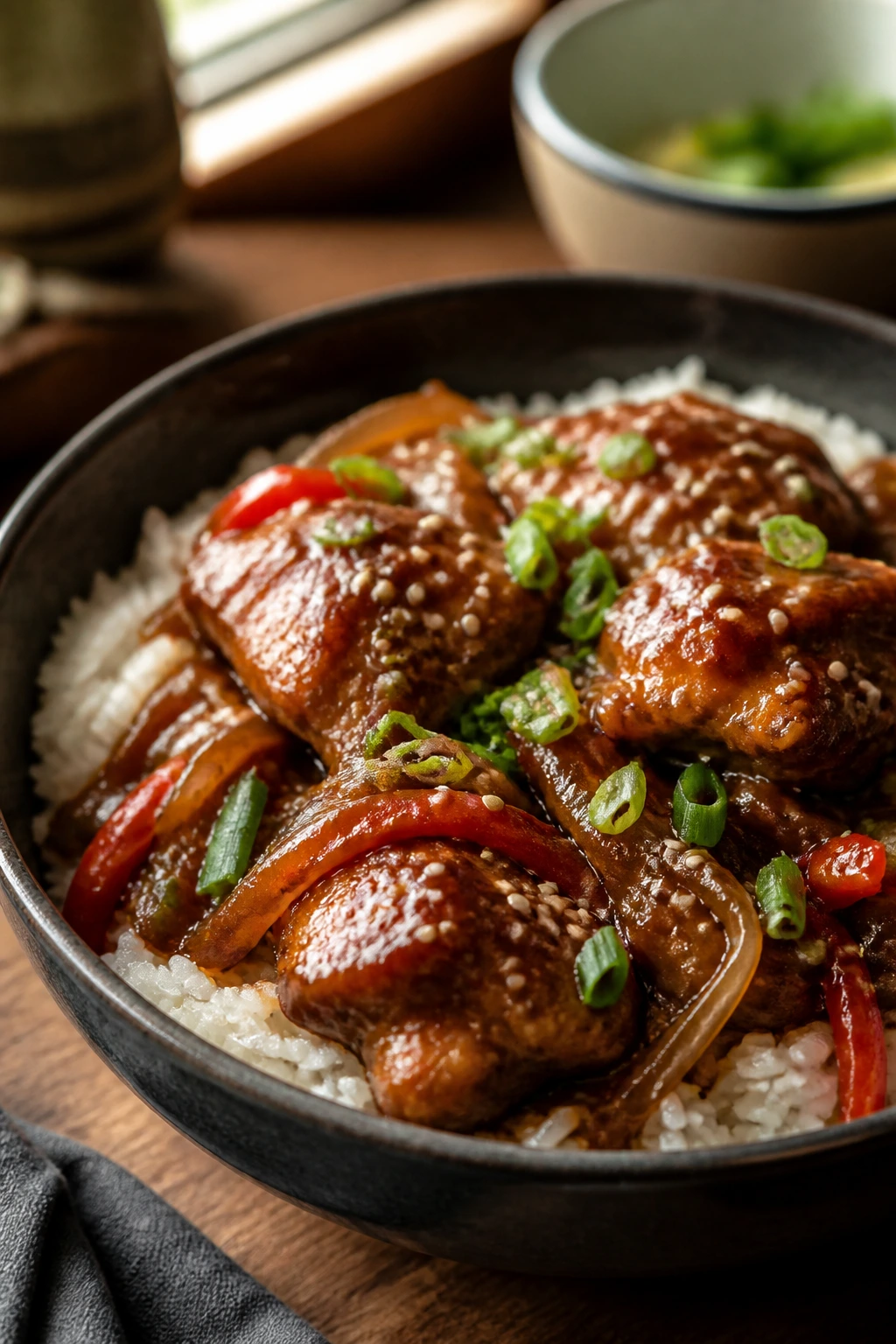 Close-up of tender chicken thighs in glossy sauce over rice