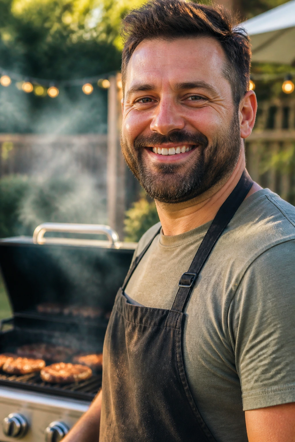 Real person at backyard grill, exuding an easy, well-run cookout vibe