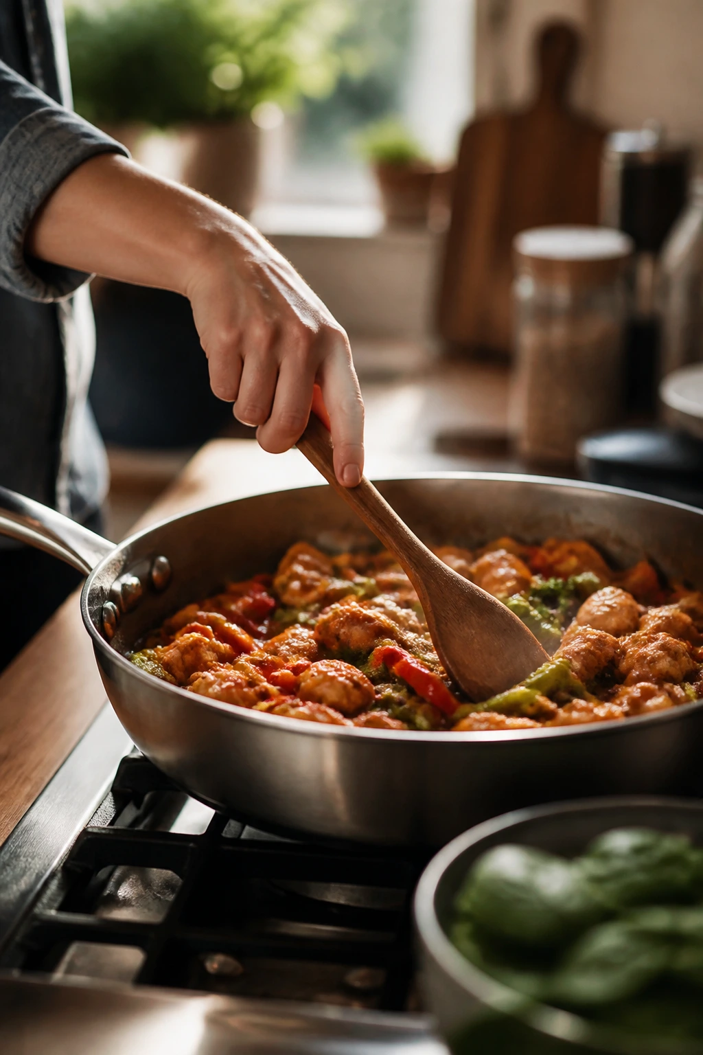 Close-up of a cook's hand stirring a pan in a warm kitchen, illustrating beginner-friendly dinners