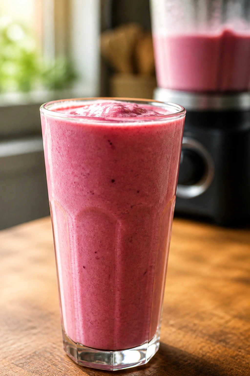 Close-up of a pink smoothie in a glass on a warm kitchen counter