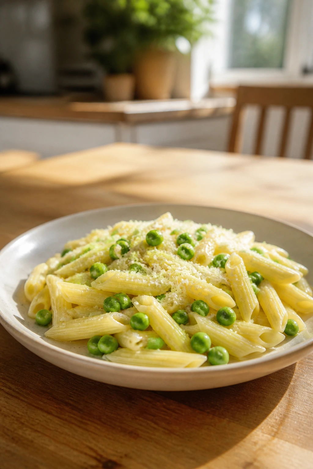 Close up of a simple toddler dinner plate with buttered pasta and peas in a sunny kitchen