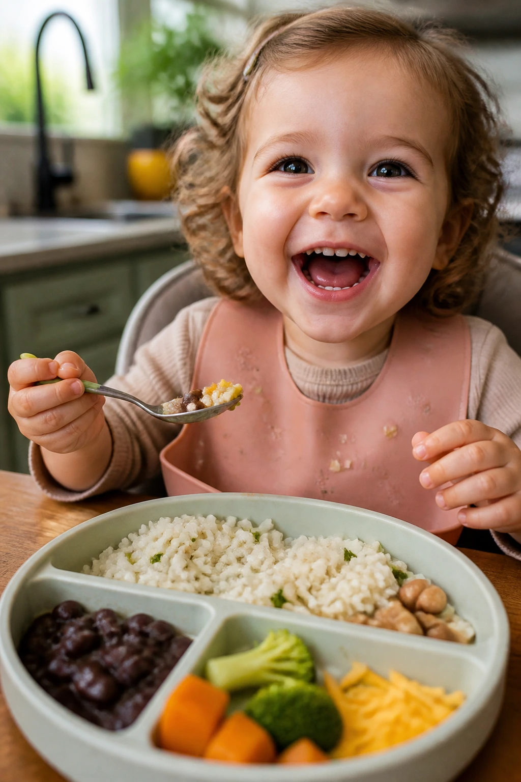 Happy toddler finishing a simple plate of rice, beans, cheese, and vegetables in a cozy kitchen.