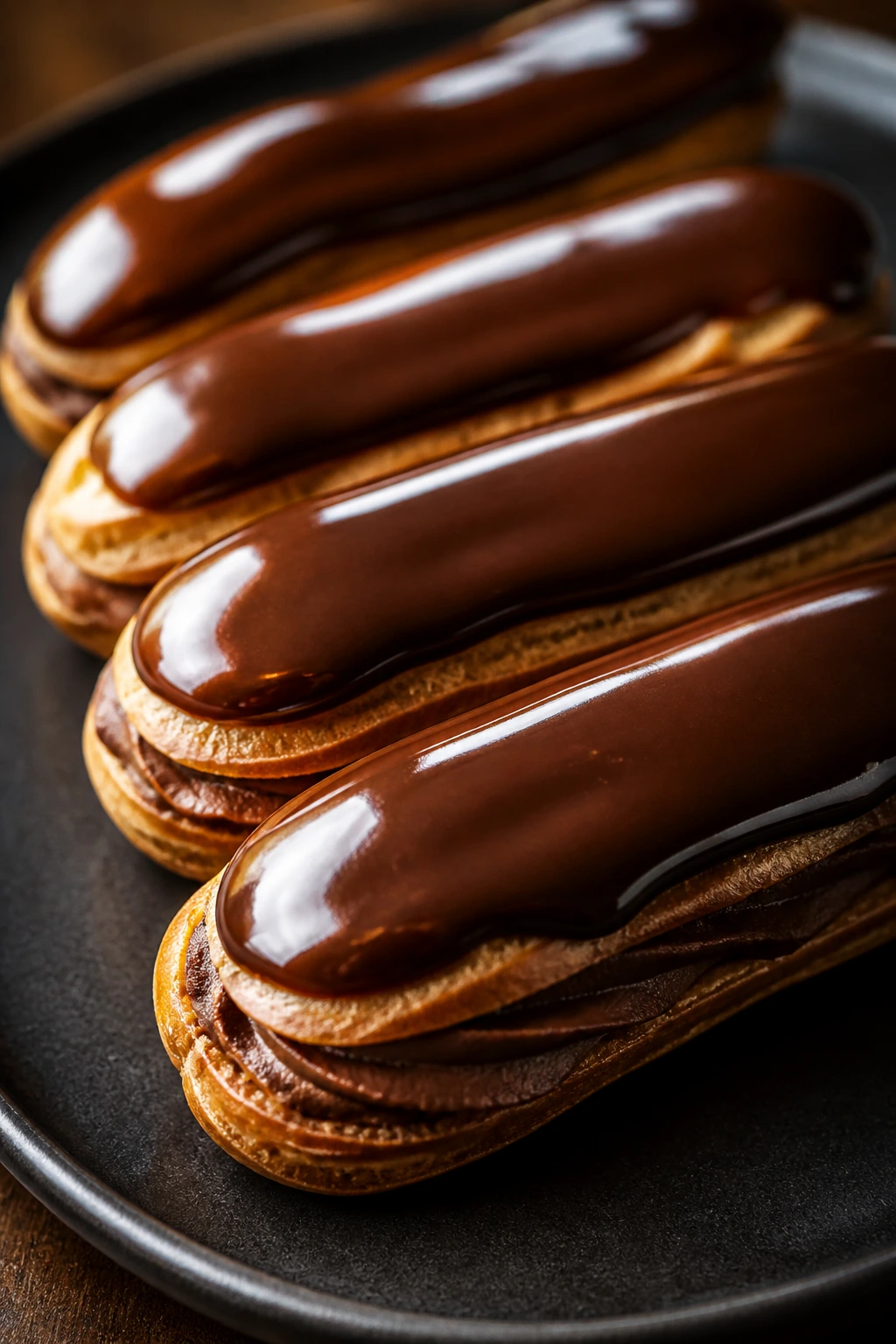 Close-up of Chocolate Éclairs with Espresso Glaze on a dark plate