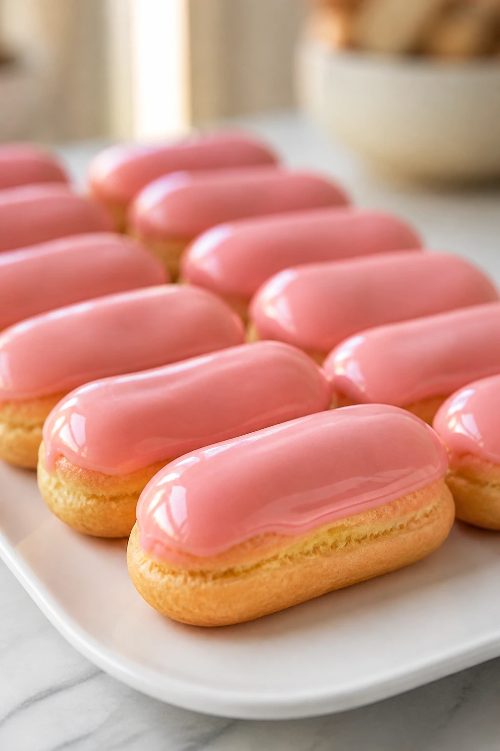 Close-up of pink-glazed mini éclairs on a plate