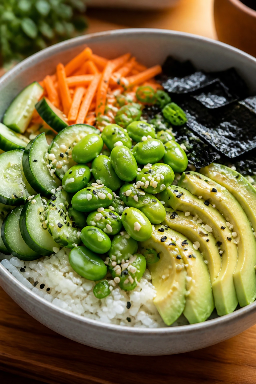 Sesame edamame avocado bowl with rice and veggies