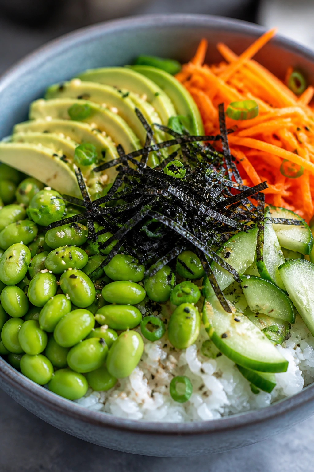 Edamame avocado sushi bowl with rice and vegetables