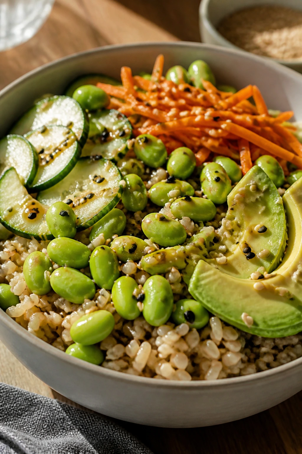 Close-up of Sesame Edamame Brown Rice Bowl with vegetables and sesame seeds