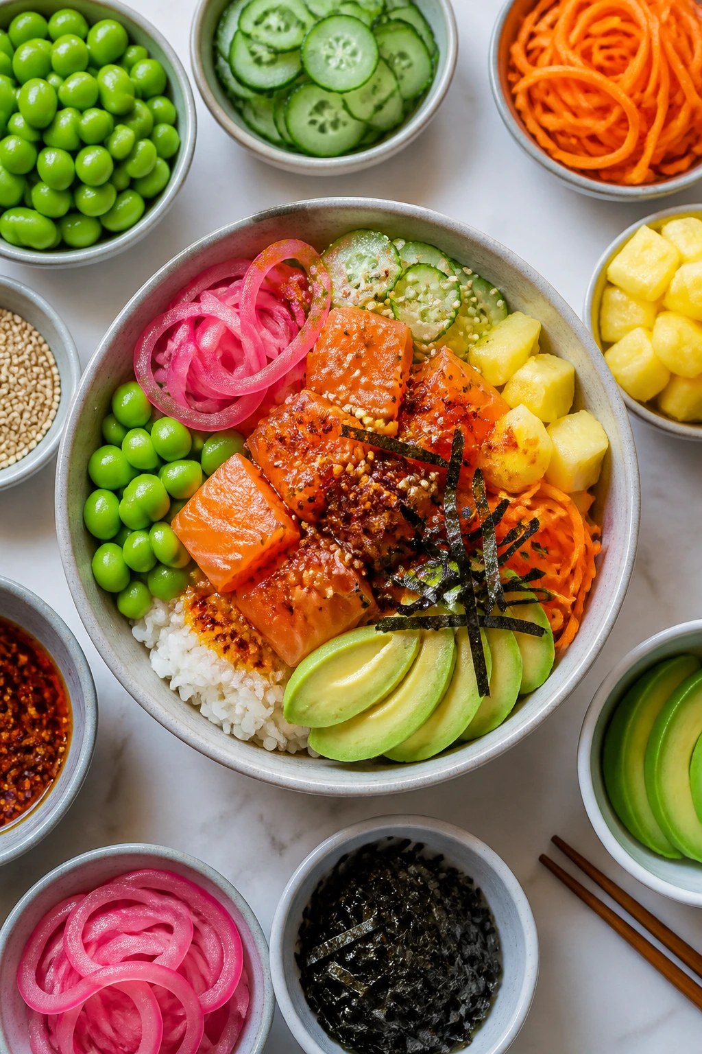 Overhead view of ingredients arranged around a bowl for a crunchy poke bowl
