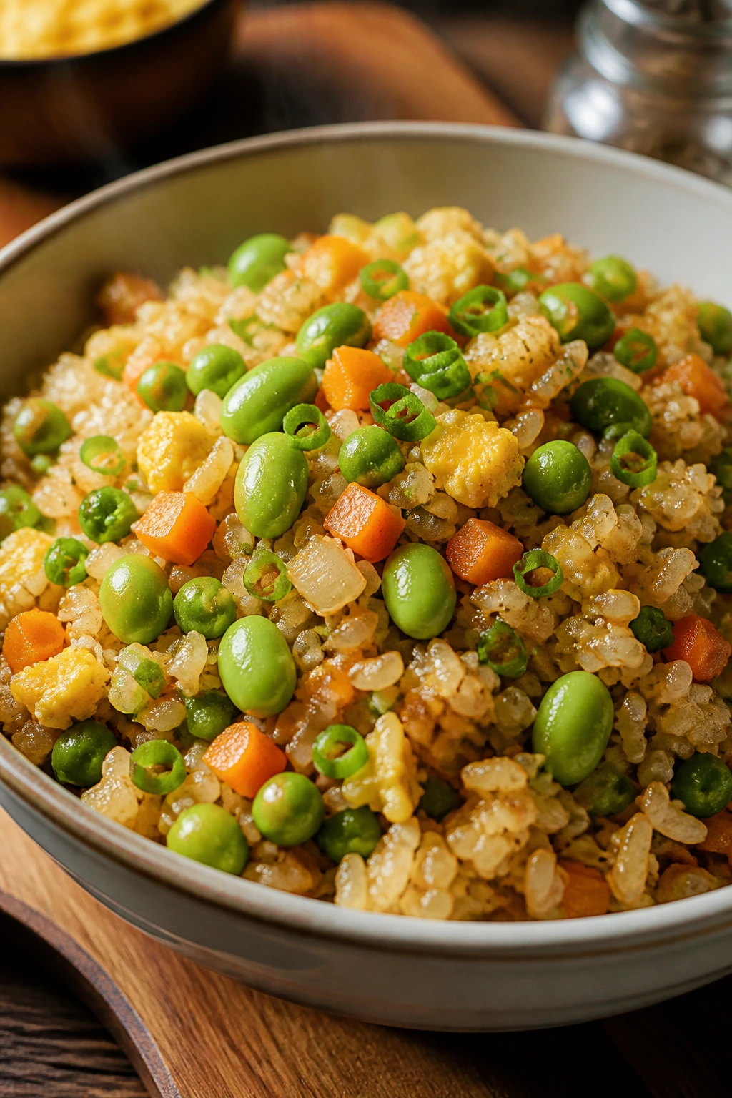 Close-up of veggie egg fried rice with edamame in a bowl