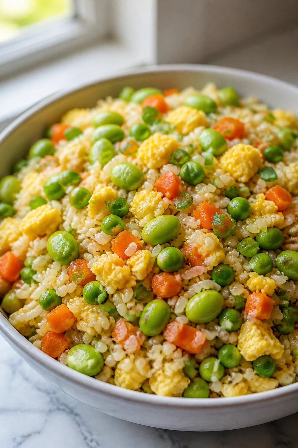Edamame fried rice in a bowl with vegetables