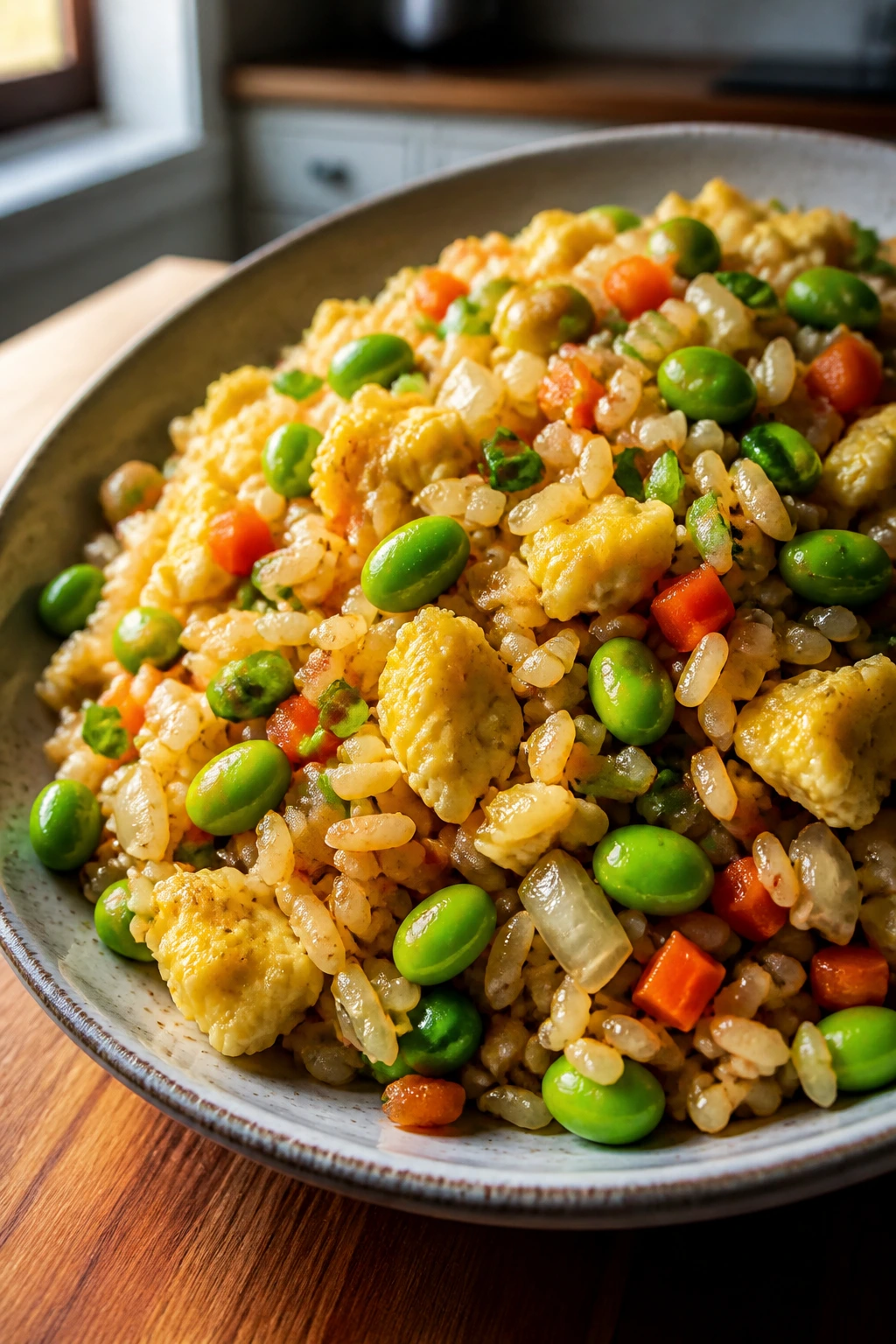 Close-up of edamame fried rice with egg on a rustic plate in a warm kitchen; high-protein meal