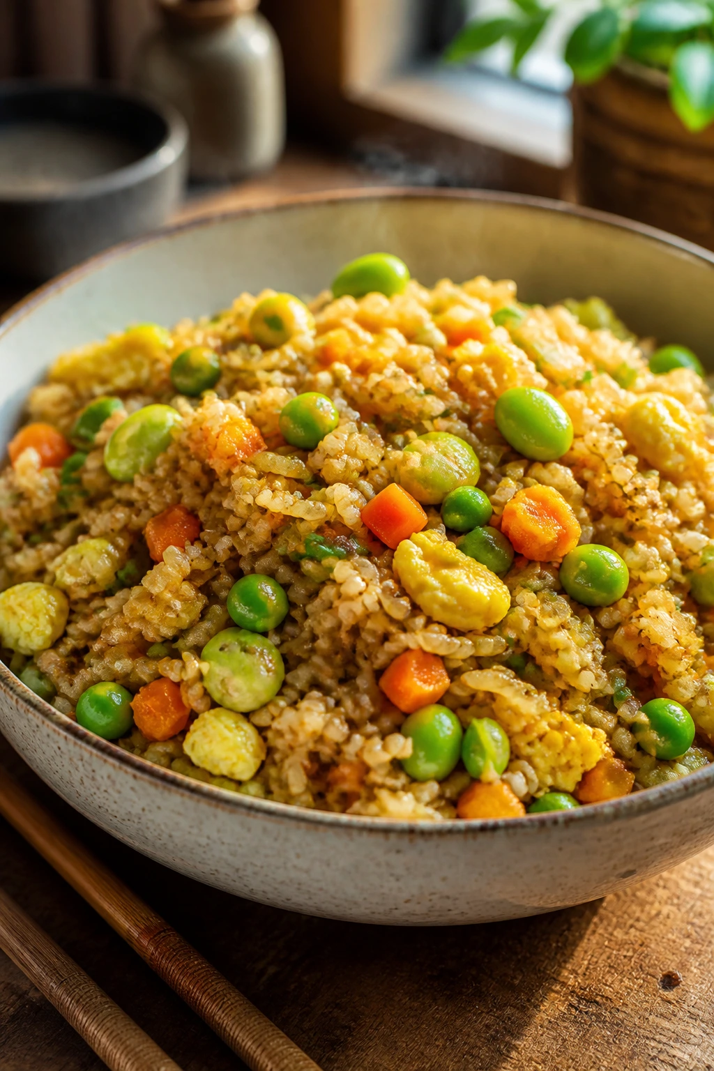 Close-up of Edamame Egg Fried Rice in a bowl on a wooden table