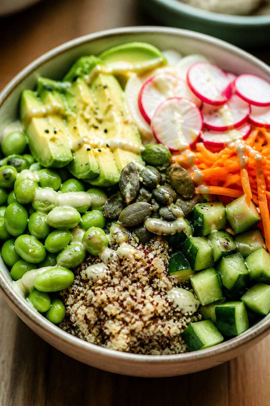 Power bowl with quinoa, edamame, and fresh vegetables.
