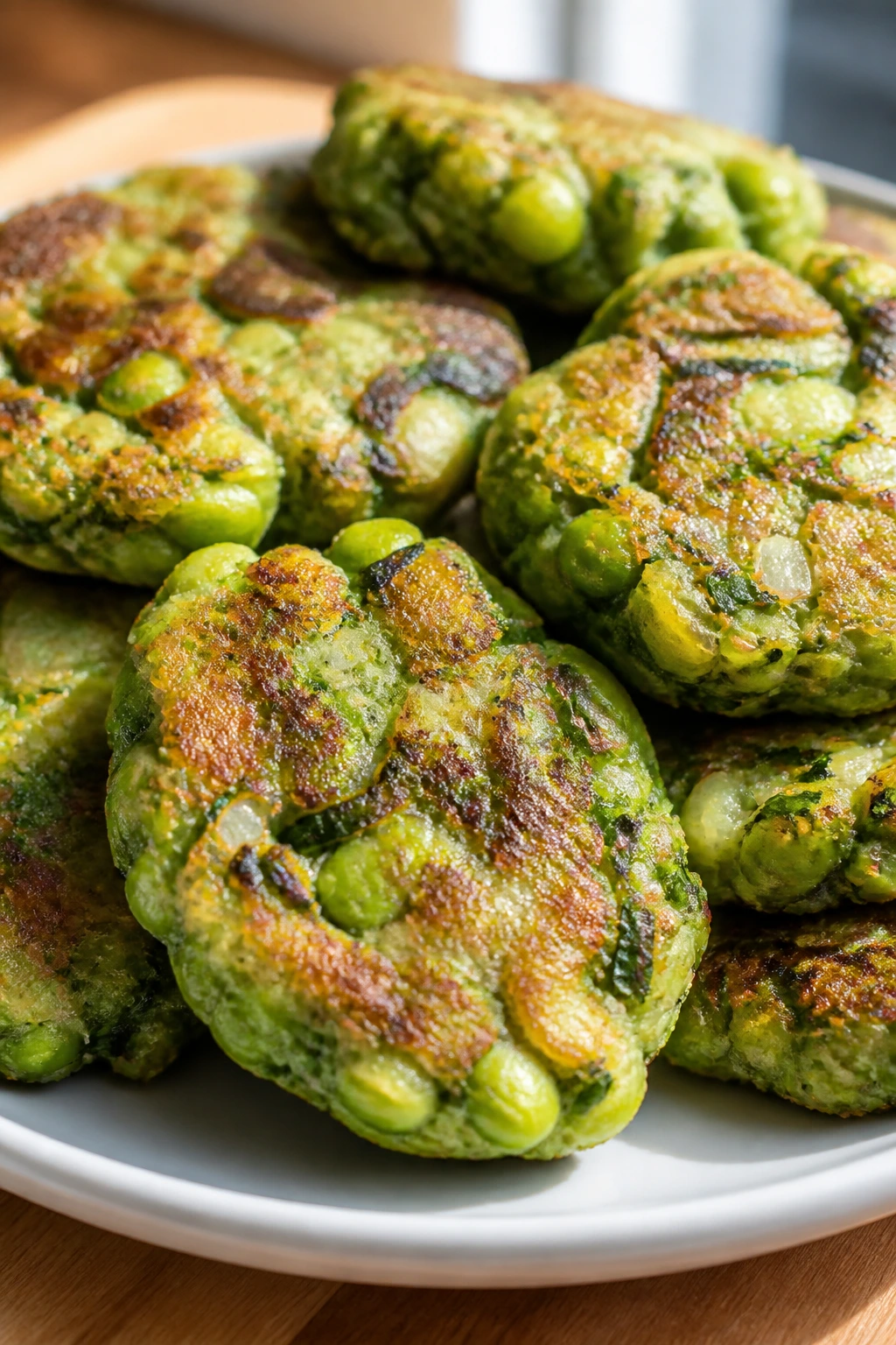 Close-up of edamame scallion veggie nuggets on plate