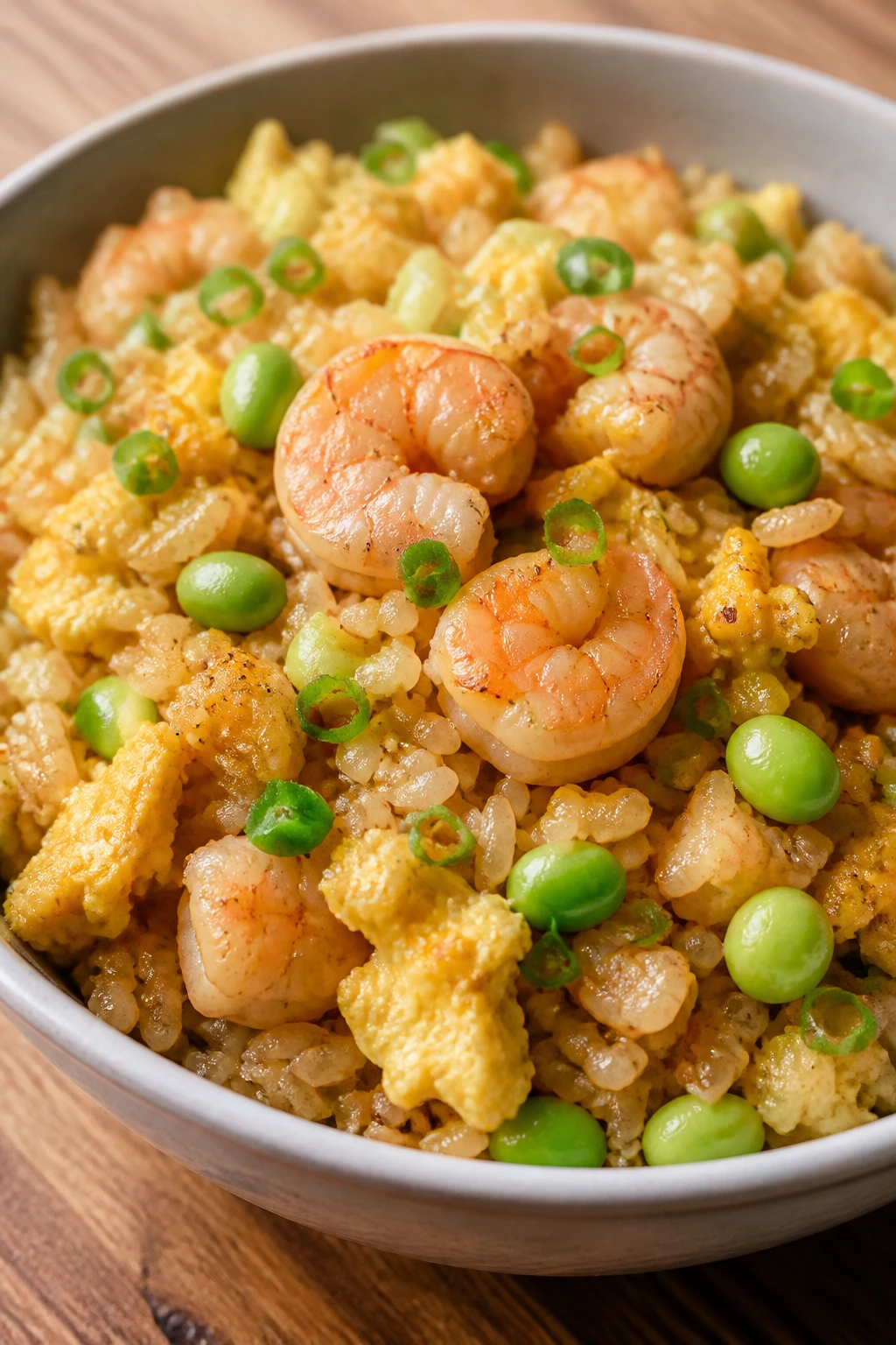 Close-up of edamame fried rice with shrimp