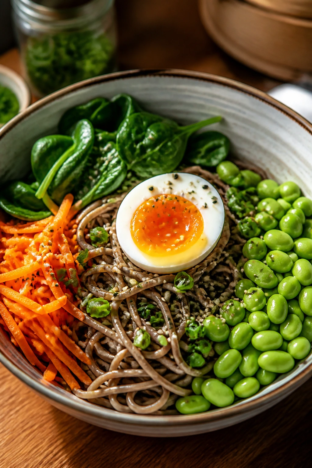 Soba bowl with edamame and soft-boiled egg