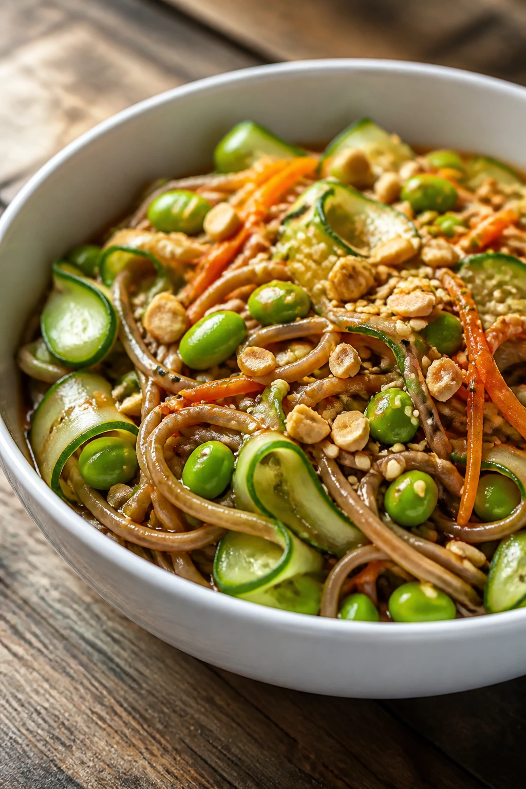 Close-up of edamame soba salad in a bowl with edamame, cucumber, and carrot, topped with sesame seeds and peanuts.