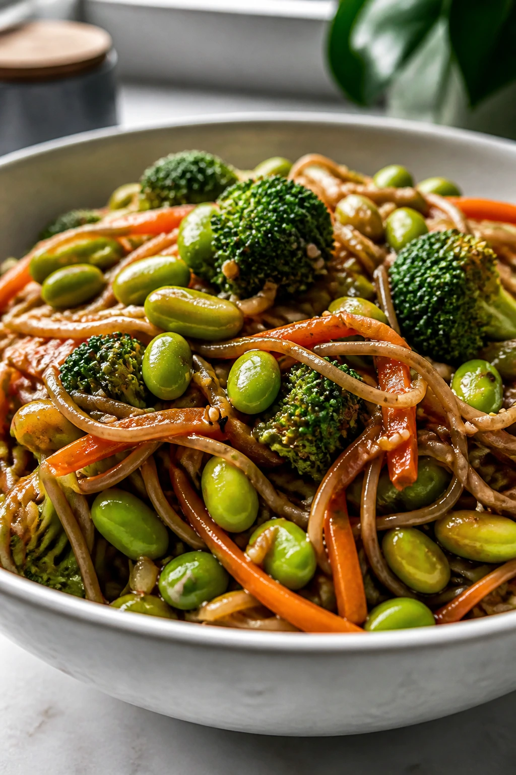Close-up of edamame soba stir-fry in a bright kitchen bowl