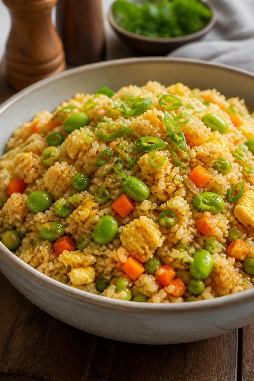 Close-up of veggie-packed egg fried rice with edamame in a bowl
