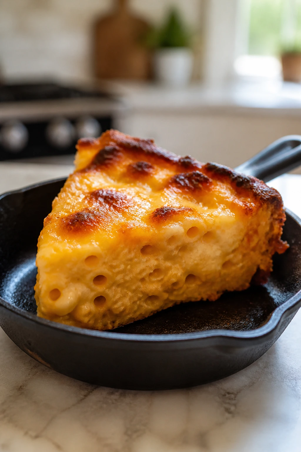 Close-up of a browned-edge cheesy bake wedge in a skillet on a kitchen counter