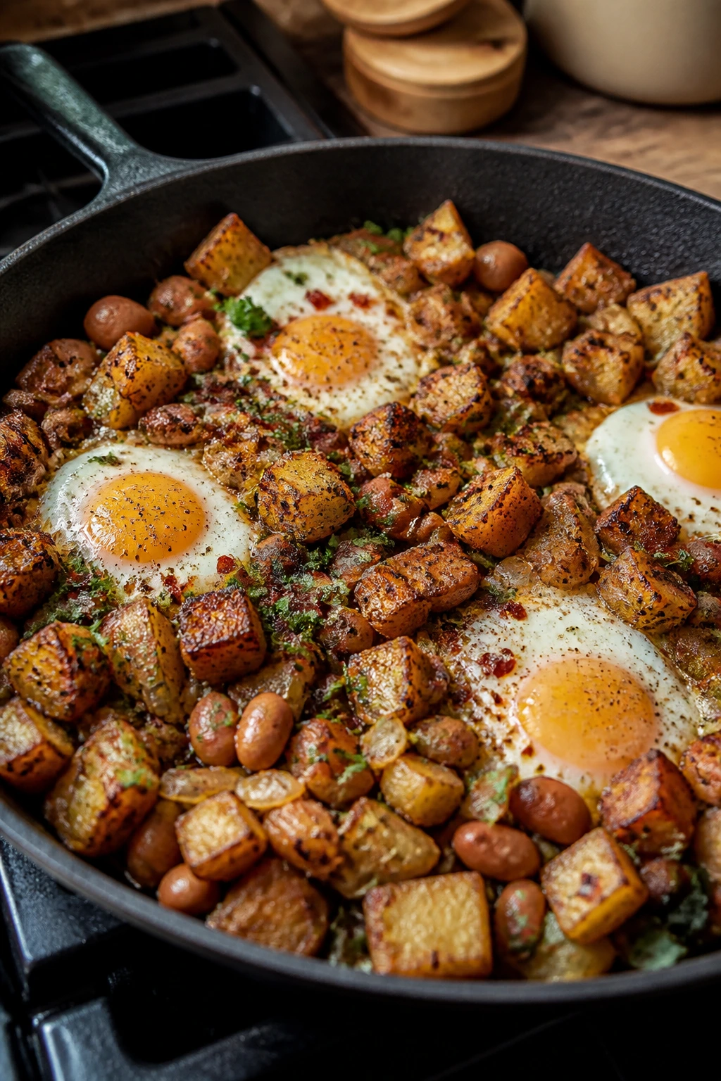 Skillet of egg and bean breakfast hash