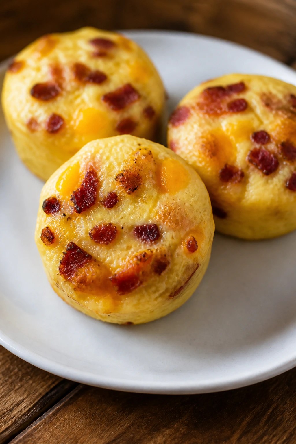 Three cheddar bacon egg bites on plate