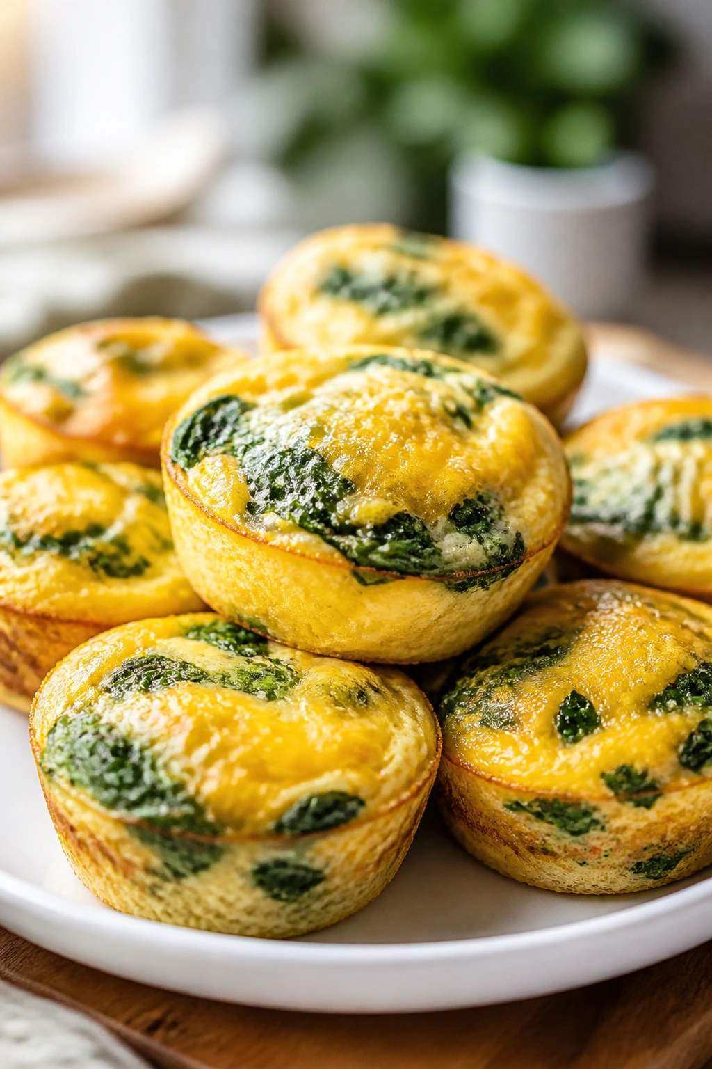 Close-up of spinach cheddar egg bites on a plate