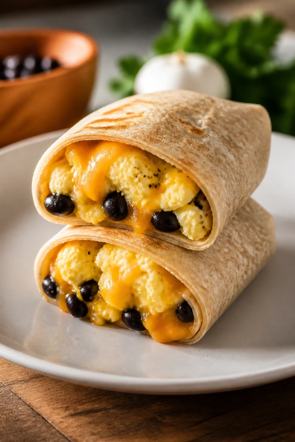 Burrito cut open to show eggs and beans