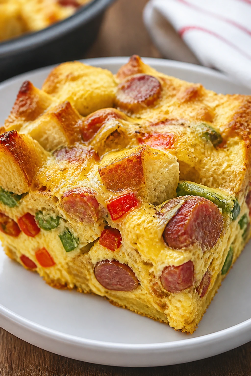 Slice of egg casserole with sausage on a plate