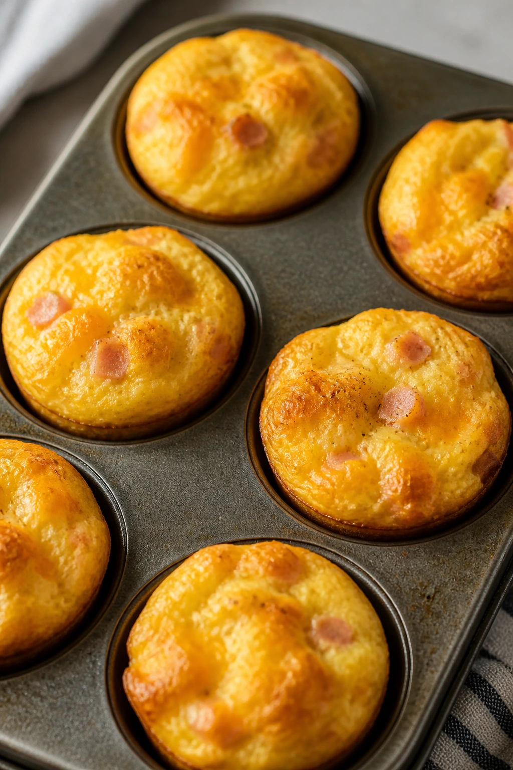 Close-up of egg and cheese muffin cups in muffin tin