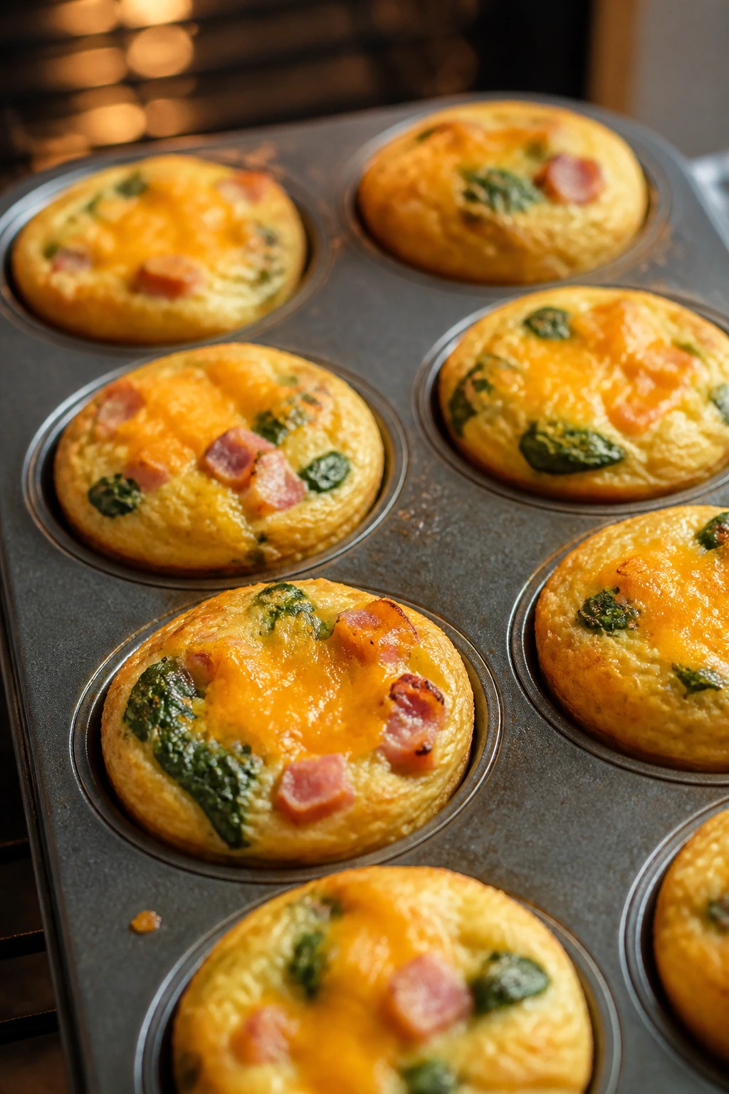 Close-up of eight egg and cheese muffin cups baking in a muffin tin in a warm kitchen