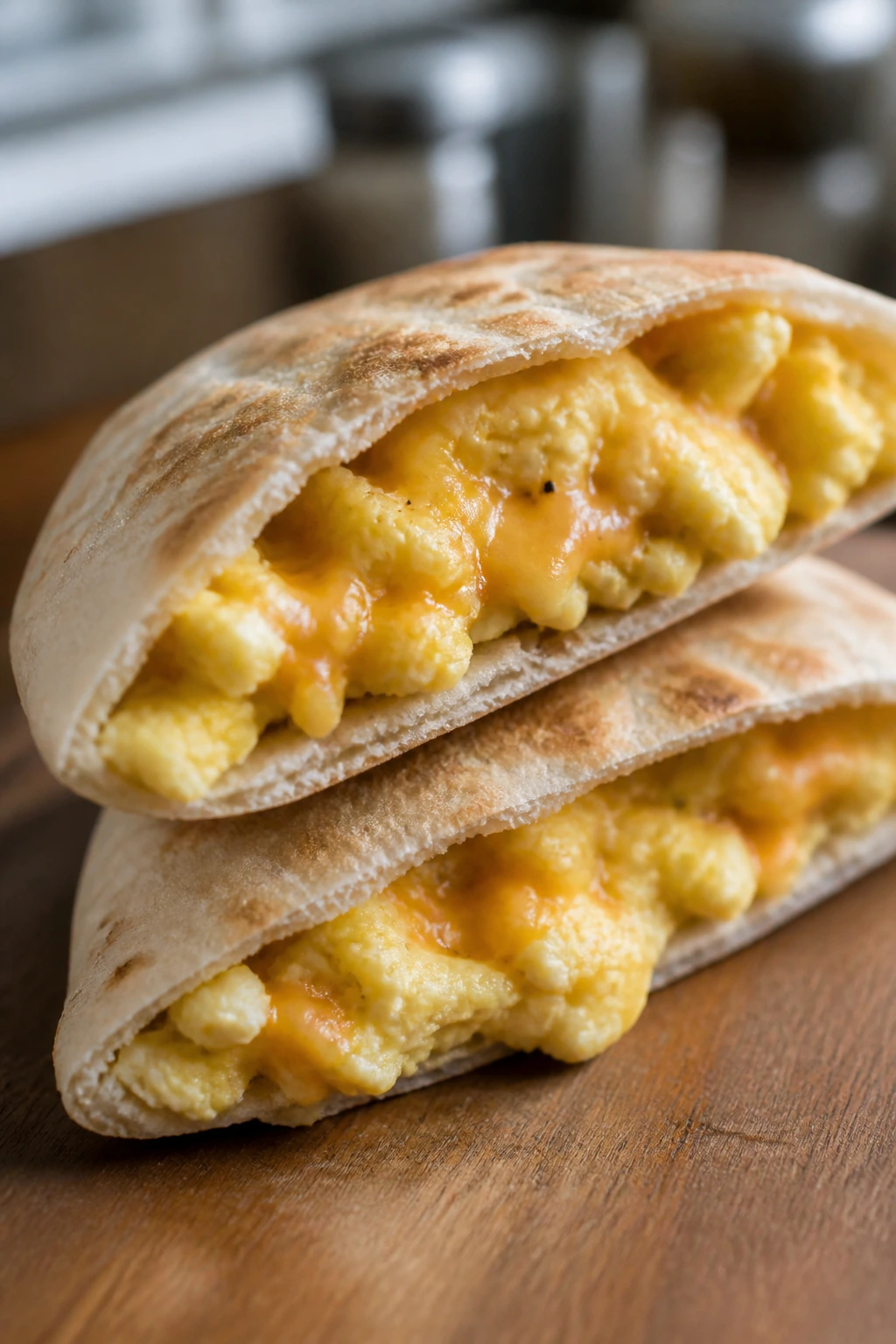 Halved mini egg and cheese pita pocket showing egg filling