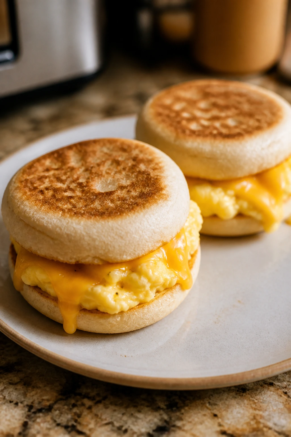 Two egg and cheese breakfast-for-dinner sandwiches on a plate
