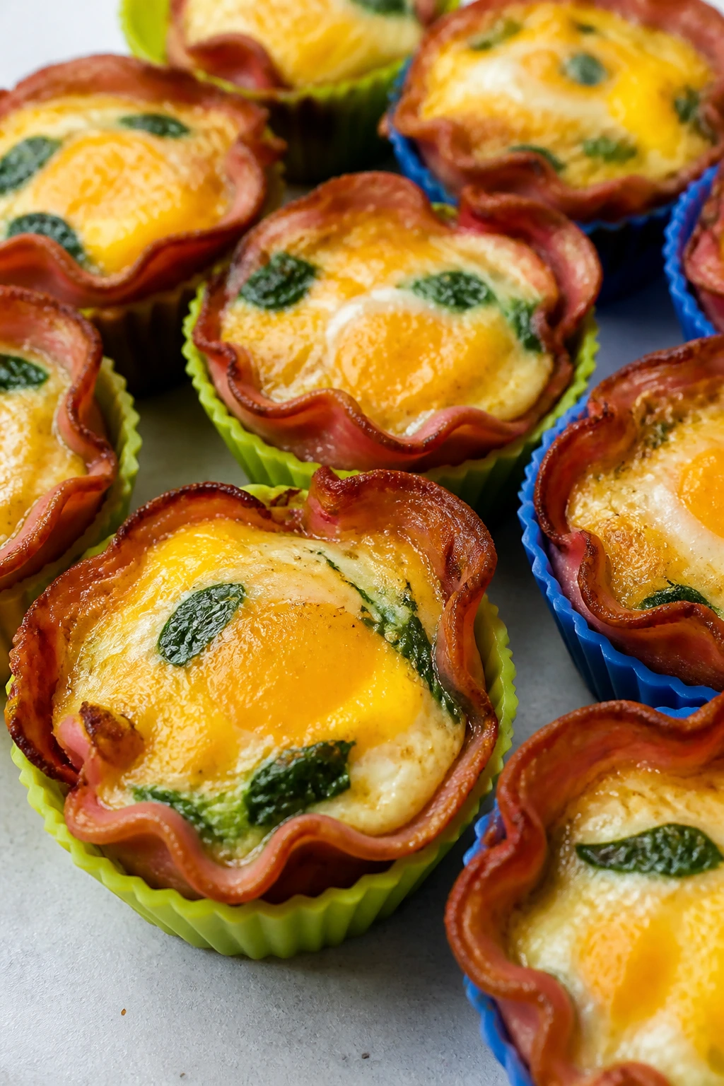 Close-up of ham-lined egg cups with cheddar topping