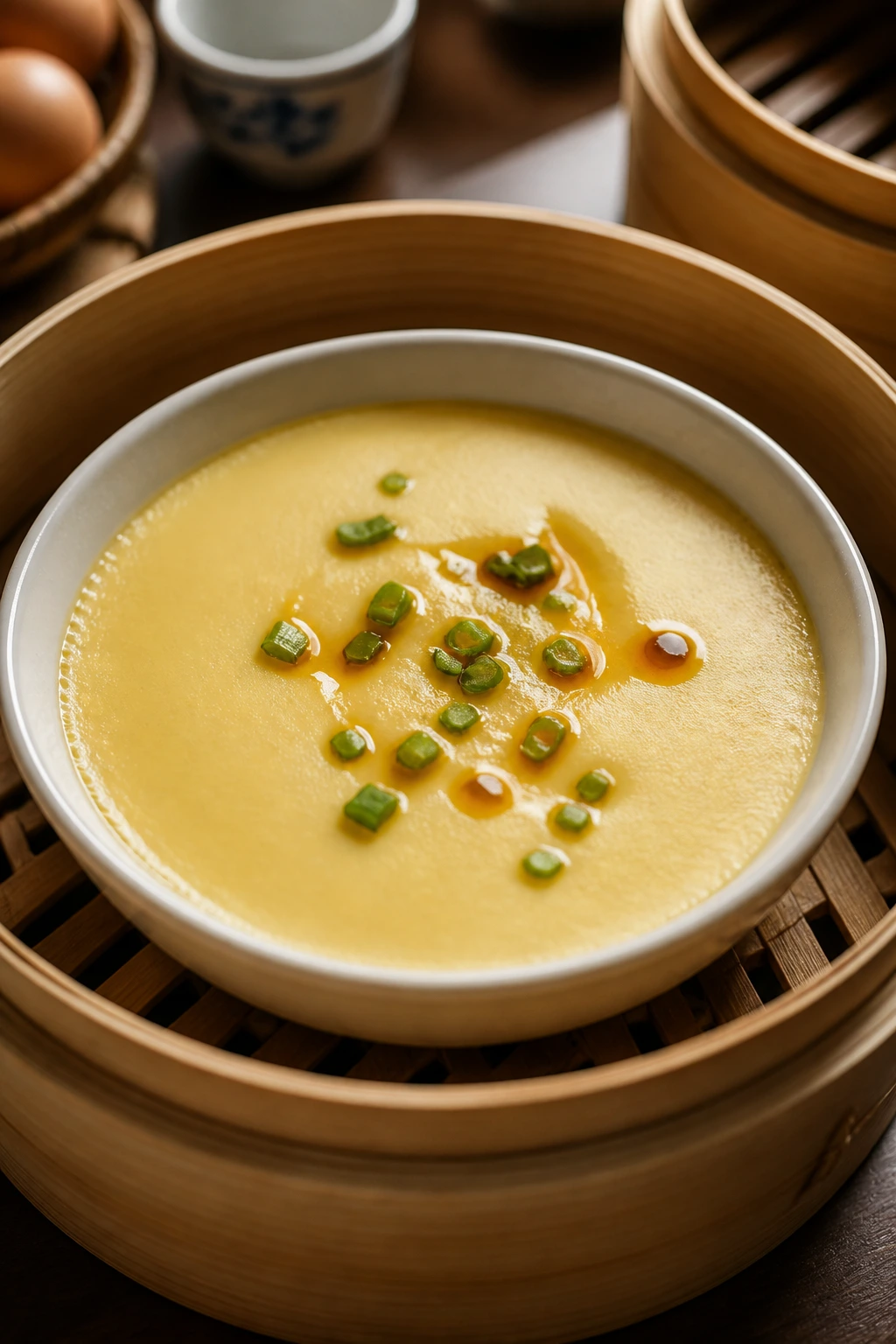 Close up of silky steamed egg custard in a heatproof bowl with scallions