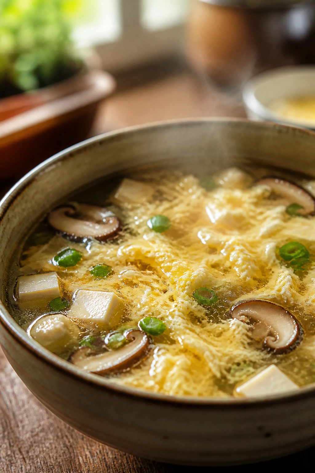Clear broth with mushrooms and tofu in a warm kitchen