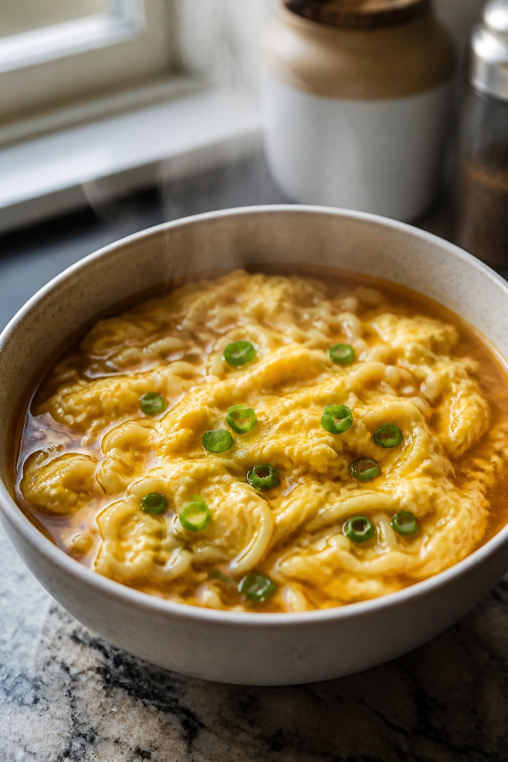 Close-up of egg drop ramen with egg ribbons in broth