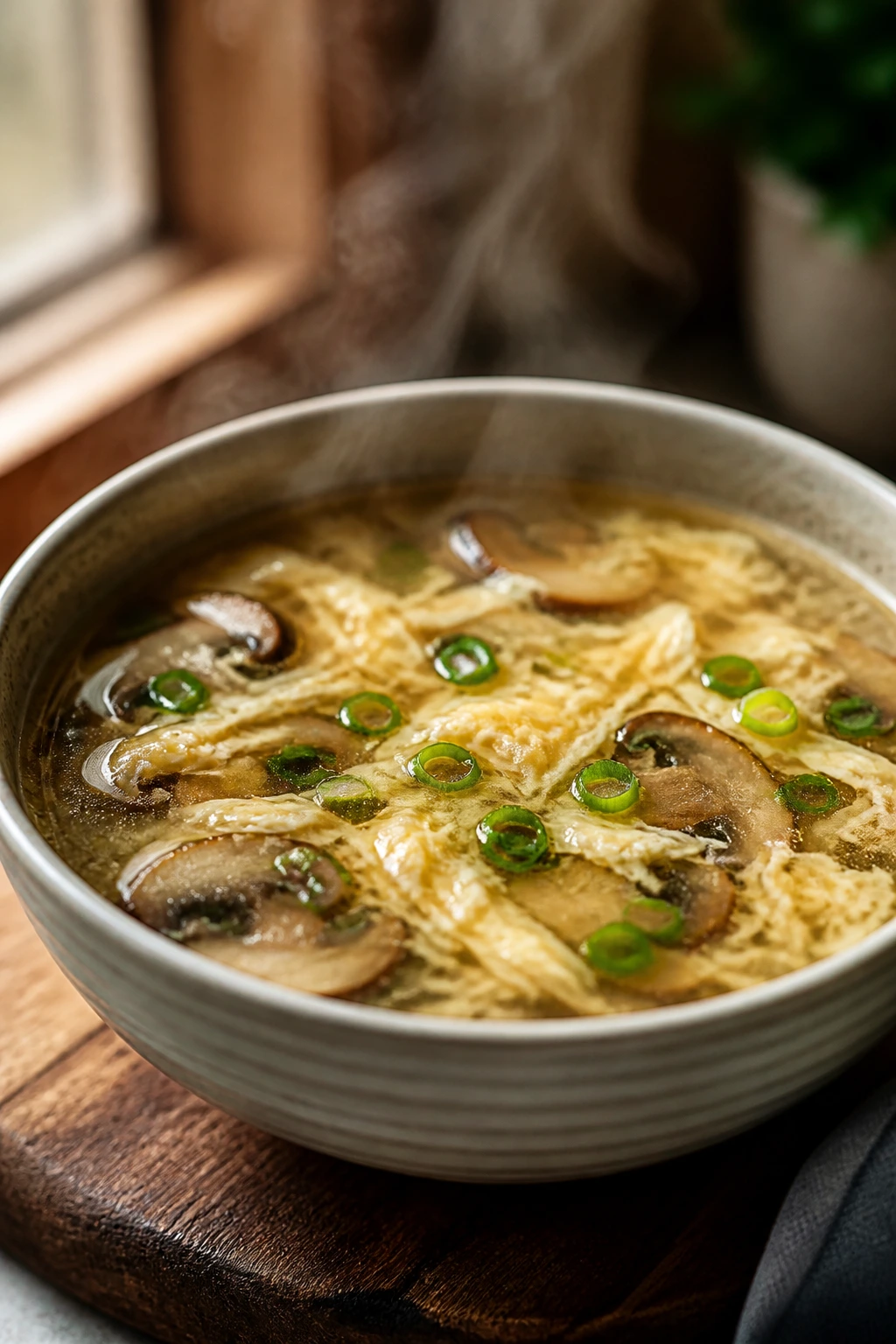 Close-up of steaming egg drop soup in a bowl with egg ribbons, mushrooms, and scallions on a warm kitchen counter