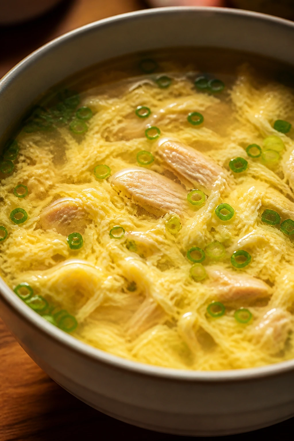 Steaming egg drop chicken soup with ribboned eggs